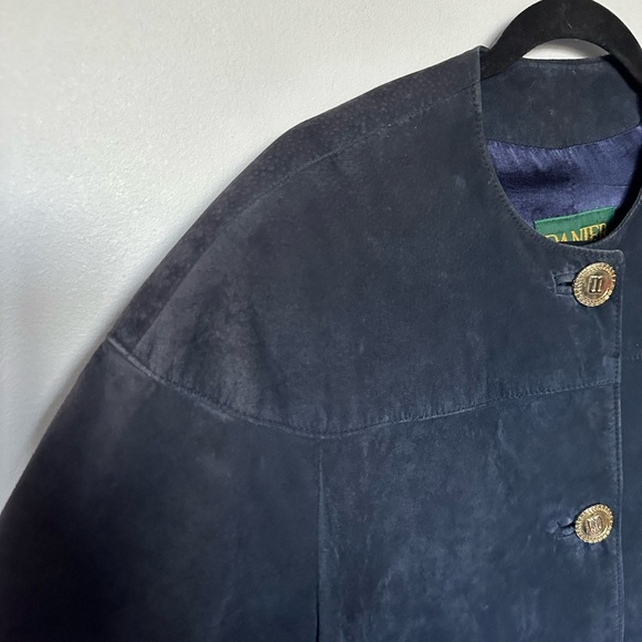 Vintage Danier Leather Suede Navy Blue Jacket Military Button Up Shoulder Pads - Picture 8 of 16